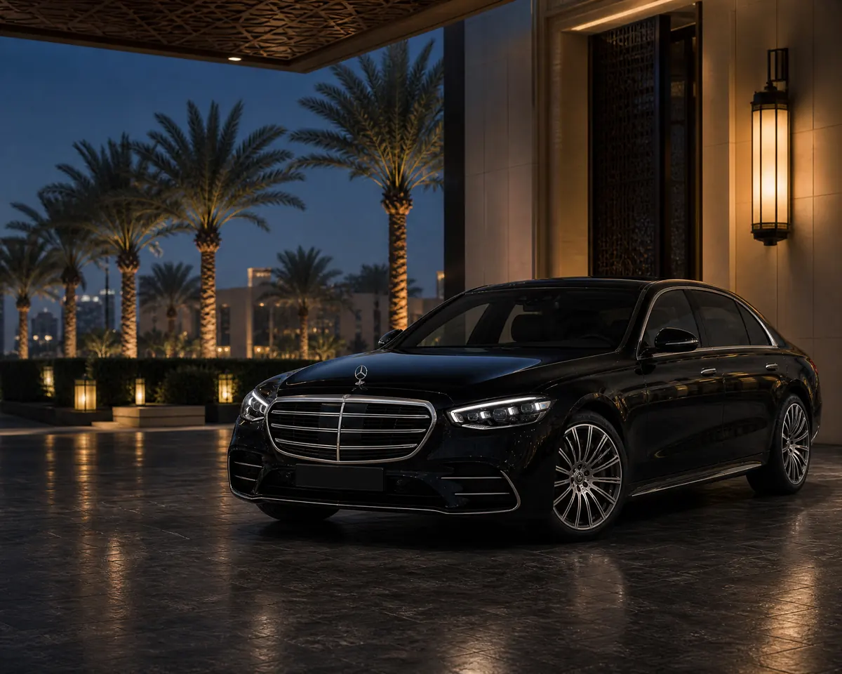 Schwarze Mercedes-Benz S-Class in Dubai bei Blue Hour