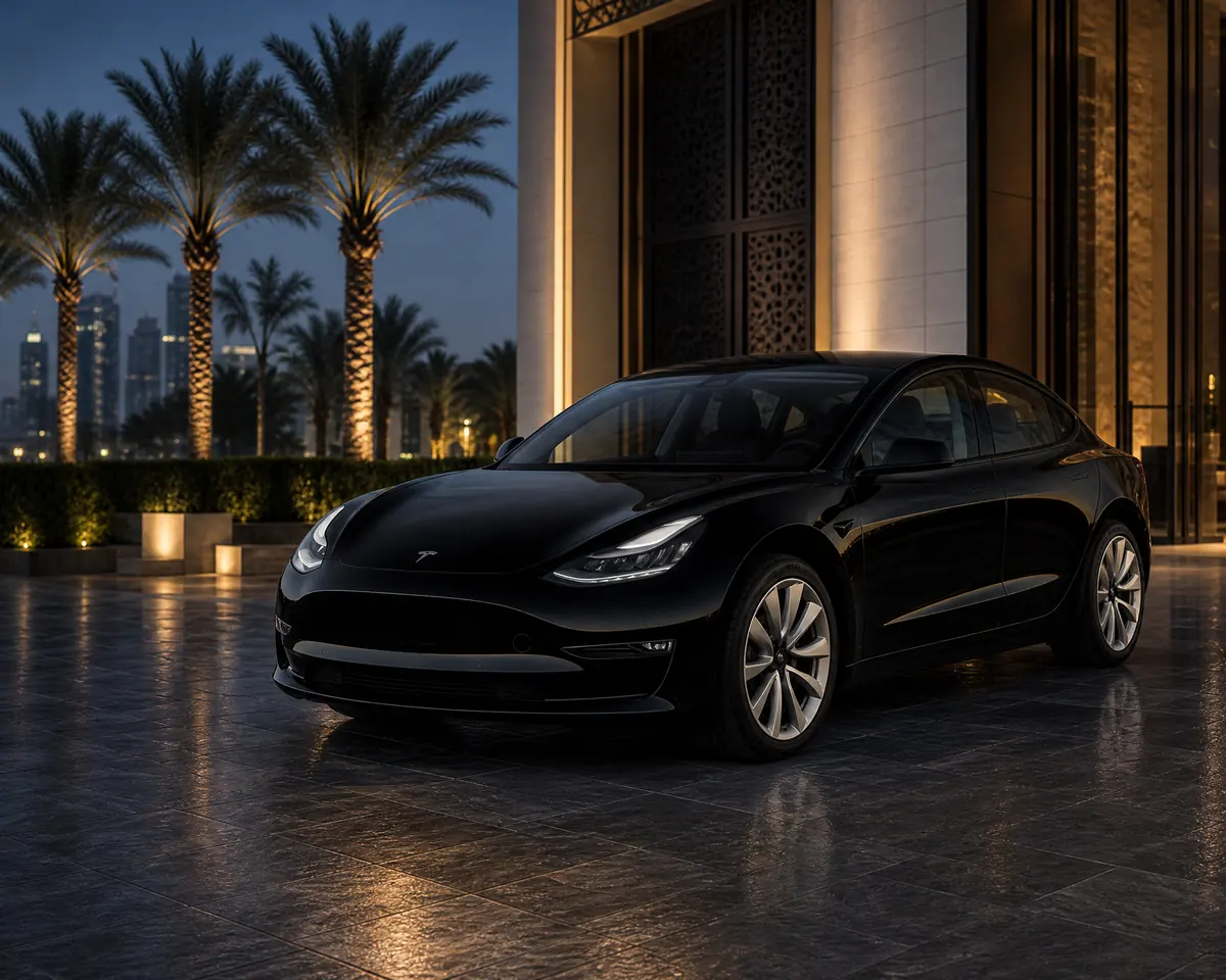 Schwarzer Tesla Model 3 in Dubai bei Blue Hour