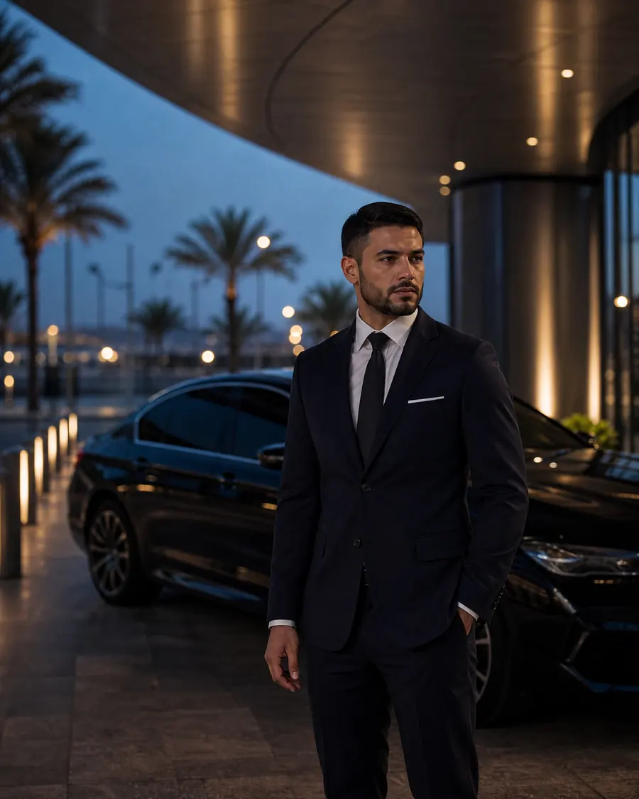 Professioneller PrimeRide-Chauffeur wartet bei Blue Hour vor einem Hotel in Dubai