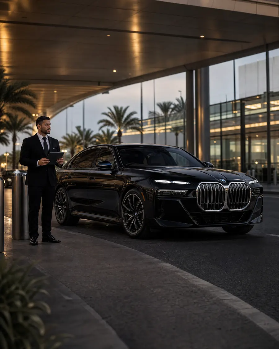 PrimeRide-Chauffeur empfängt einen Gast neben einem schwarzen BMW am Flughafen