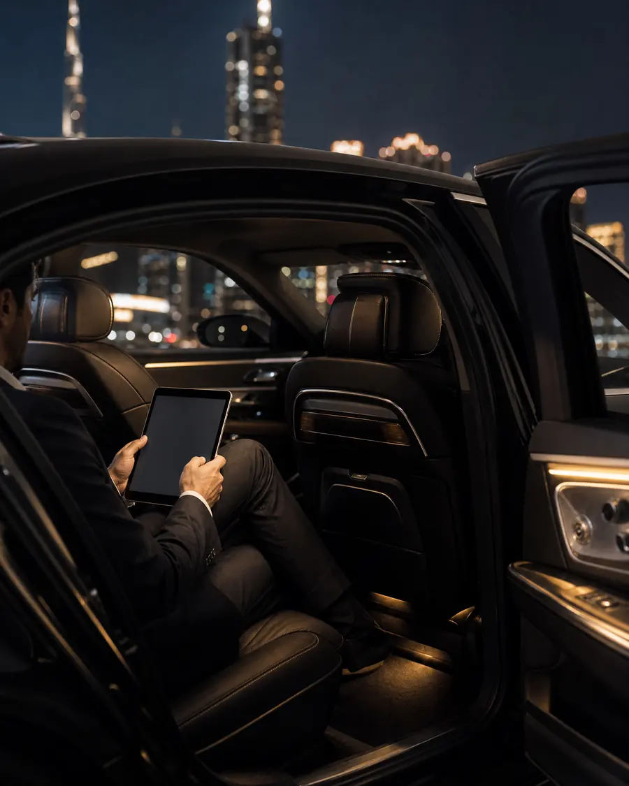 Businessgast im Fond eines Premium-Chauffeurfahrzeugs
