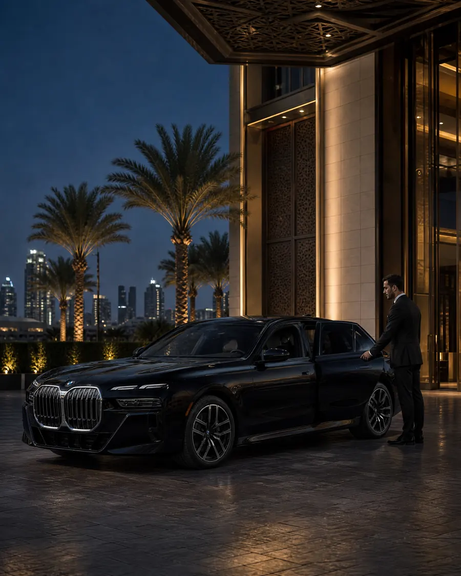 Schwarzer BMW bei der Ankunft an einem eleganten Hotel in Dubai bei Nacht