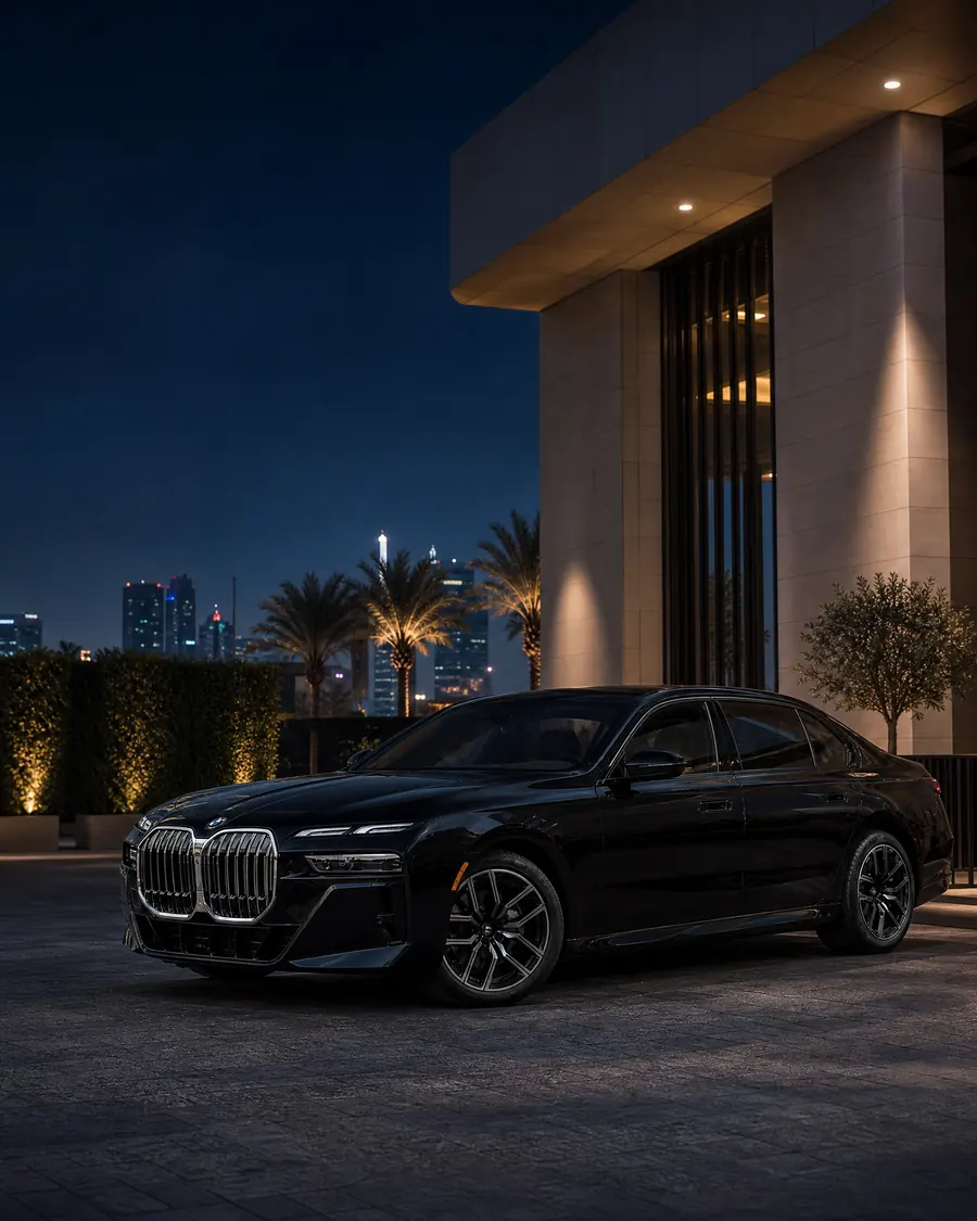Schwarzer BMW 735i vor einem modernen DIFC-Hotel bei Nacht